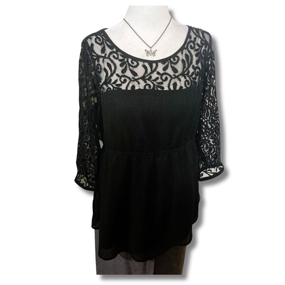 H&M MAMA Black scrolling leaves scoop neck mesh lace maternity top SMALL MEDIUM - Picture 1 of 12